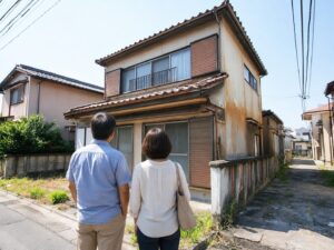 相続した実家の前に立つ夫婦の後ろ姿。空き家は管理を怠ると管理不全空家等に区分され、勧告を受けると固定資産税が6倍になる